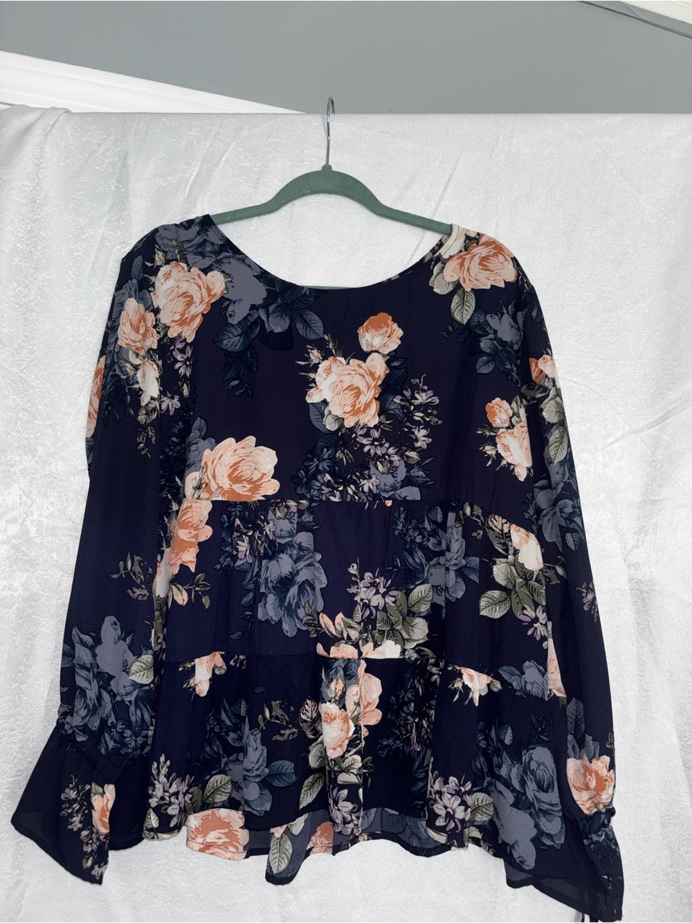 Maurices Navy Floral Long-Sleeve Tiered Blouse